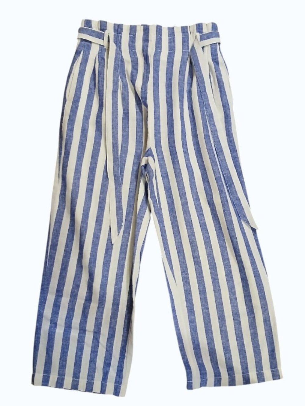 J. CREW Blue & White Linen Stripe Crop Paperbag Waist with Tie Pants - EUC - Picture 4 of 13